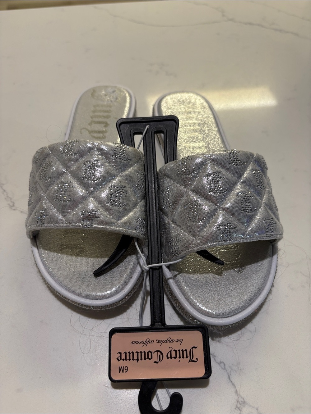 Juicy Couture Silver Quilted Slide Sandals for Woman